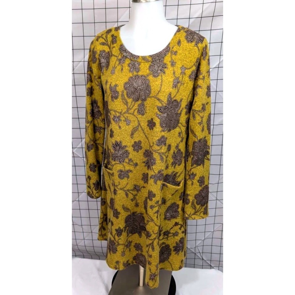 Gilli ~ Floral Tunic Dress ~ Size Large ~ Mustard Yellow ~ Long Sleeve ~ Pockets